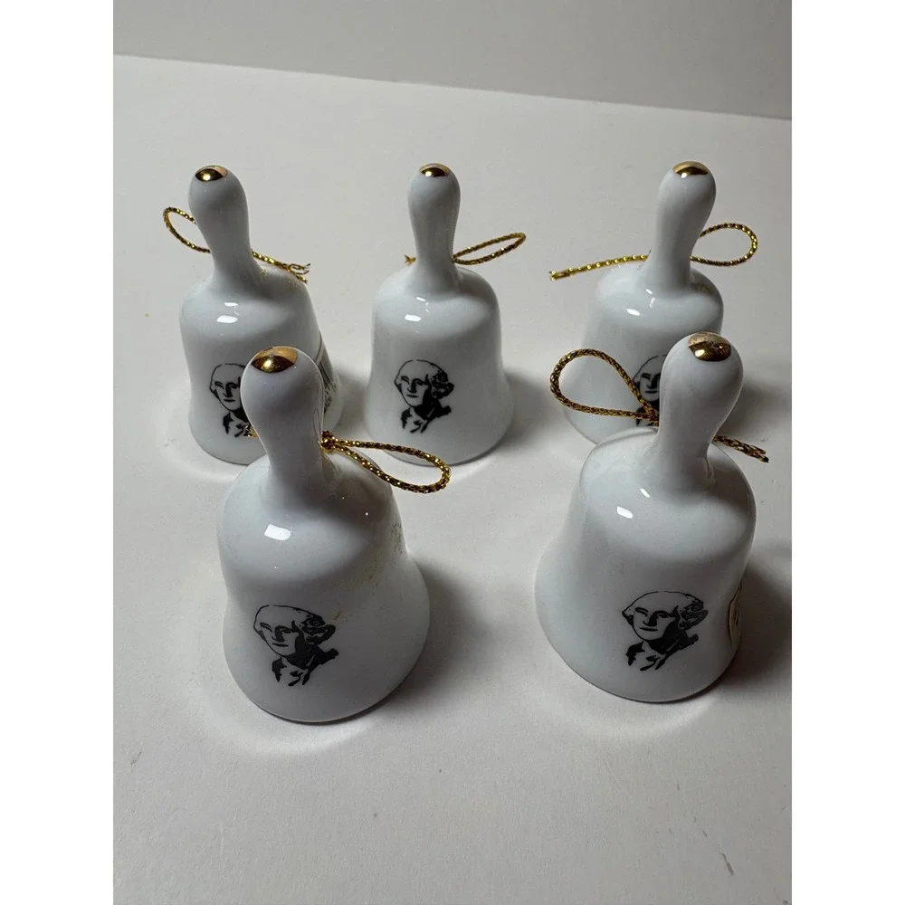 George Washington Valley Forge PA Porcelain Souvenir Bells Set of 5 White Gold